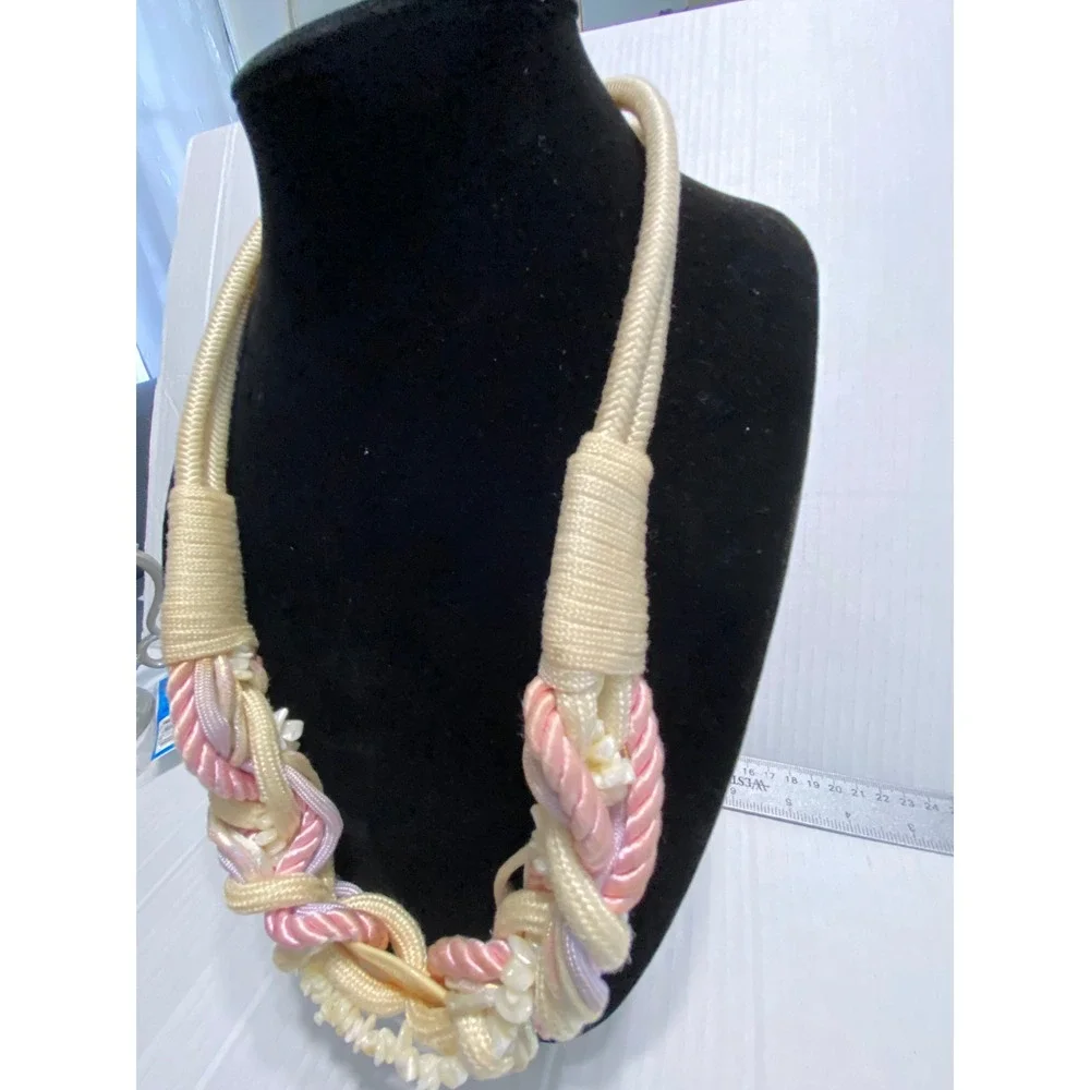 Boho Rope Statement Necklace Women‎ OS Cream Pink Braided Cord Shell Nautical